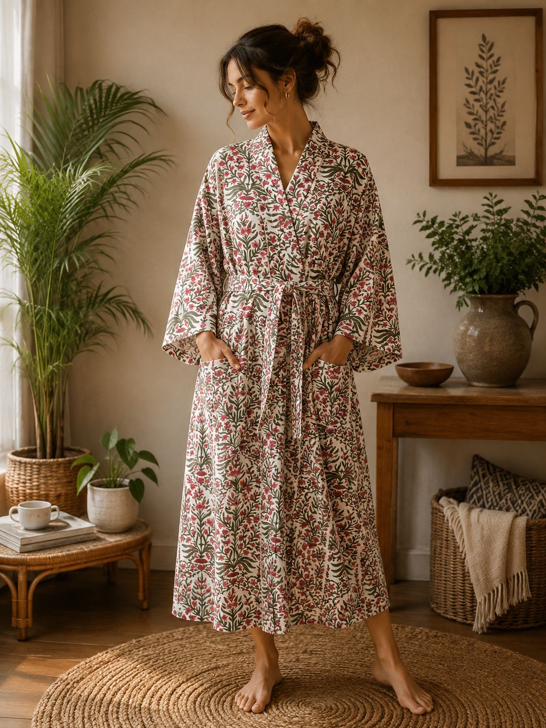 Pure Cotton Kimono in Green Pink