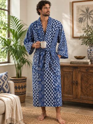 Men’s Cotton Kimono - Indigo White Blue Patchwork