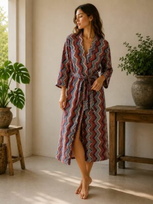 Pure Cotton Kimono in Red Blue Geometric Stripes