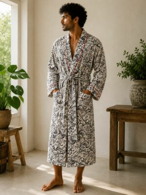 Men’s Cotton Kimono in Cream Black Red Deer Animal
