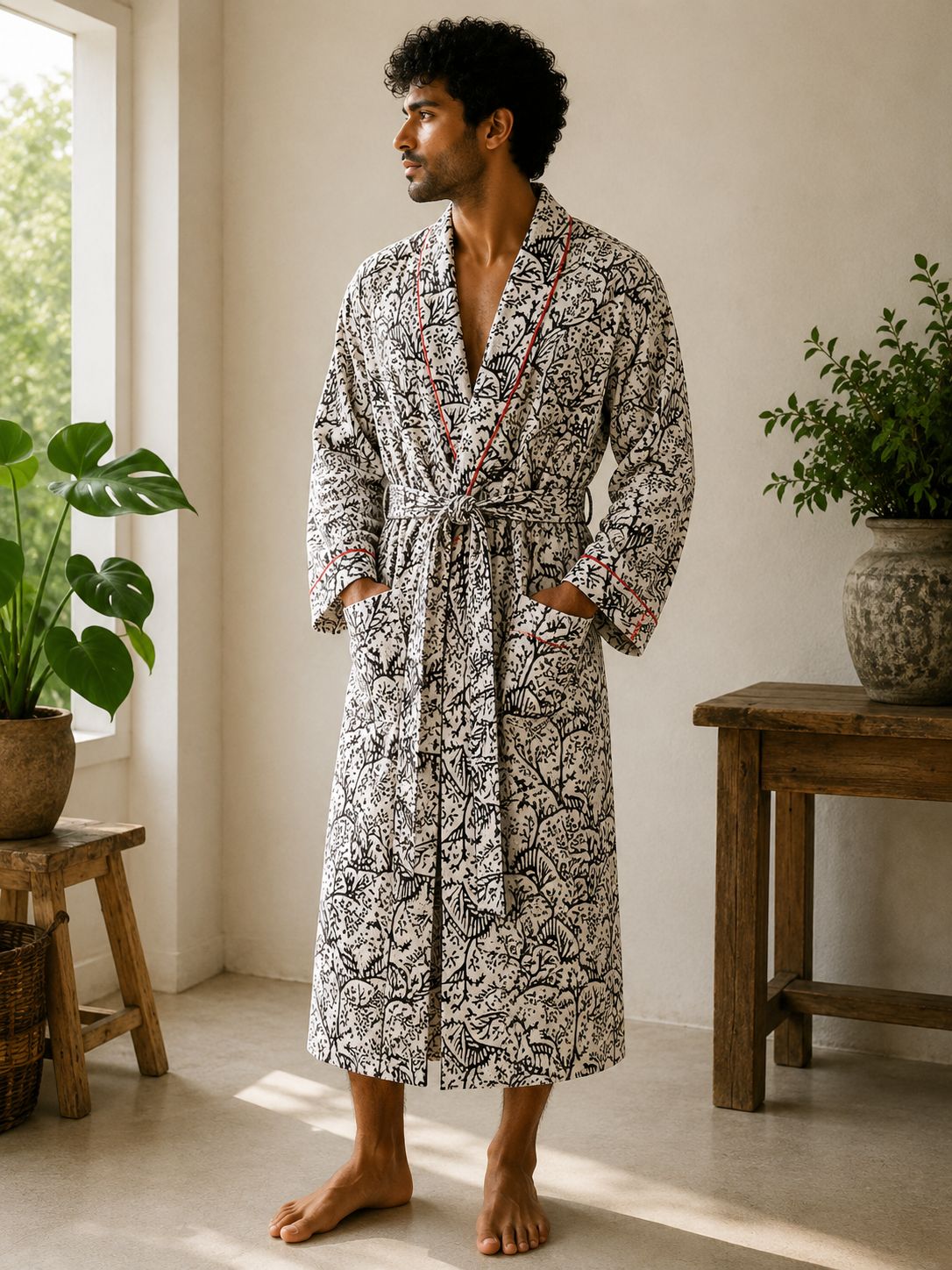 Men’s Cotton Kimono in Cream Black Red Deer Animal