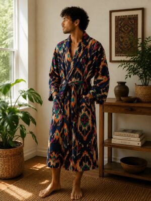 Men’s Cotton Kimono in Navy Aqua Mustard White Blue Ikat print
