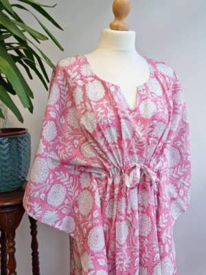 Pure Cotton Kaftan Kimono in Pretty White Pink Floral - Image 2