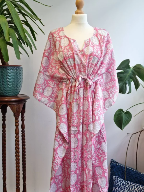 Pure Cotton Kaftan Kimono in Pretty White Pink Floral