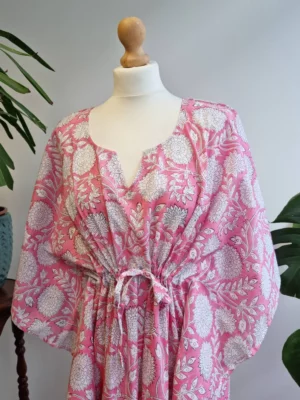 Pure Cotton Kaftan Kimono in Pretty White Pink Floral - Image 4