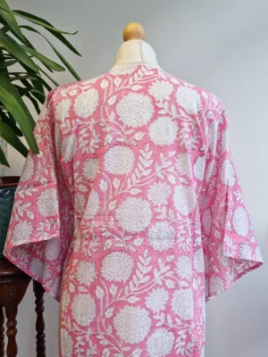 Pure Cotton Kaftan Kimono in Pretty White Pink Floral - Image 5