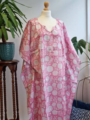 Pure Cotton Kaftan Kimono in Pretty White Pink Floral - Image 7