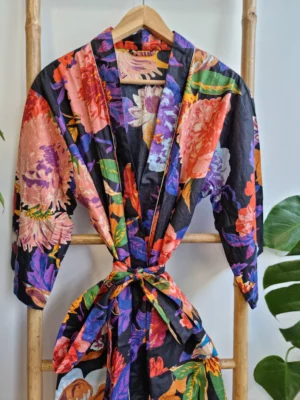 Pure Cotton Kimono in Spring Peach Black Multicolour Botanical Bloom - Image 11