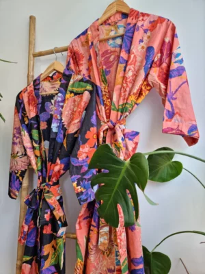 Pure Cotton Kimono in Spring Peach Black Multicolour Botanical Bloom - Image 3
