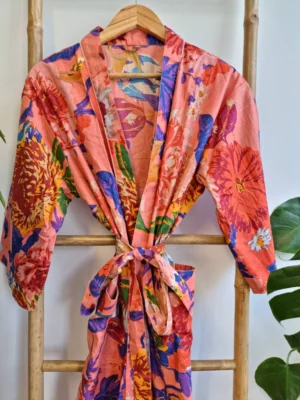 Pure Cotton Kimono in Spring Peach Black Multicolour Botanical Bloom - Image 4