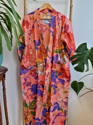 Pure Cotton Kimono in Spring Peach Black Multicolour Botanical Bloom - Image 5
