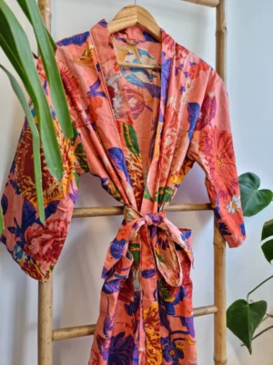 Pure Cotton Kimono in Spring Peach Black Multicolour Botanical Bloom - Image 6