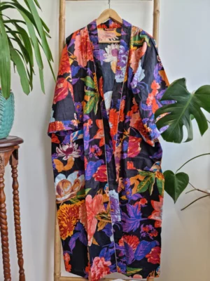 Pure Cotton Kimono in Spring Peach Black Multicolour Botanical Bloom - Image 8