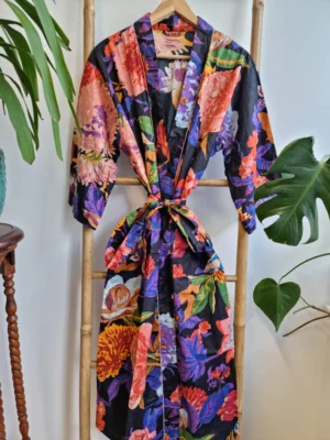 Pure Cotton Kimono in Spring Peach Black Multicolour Botanical Bloom - Image 9