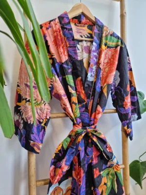 Pure Cotton Kimono in Spring Peach Black Multicolour Botanical Bloom - Image 10