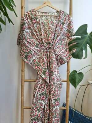 Pure Cotton Kaftan in White Green Pink - Image 2