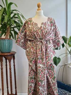 Pure Cotton Kaftan in White Green Pink - Image 4