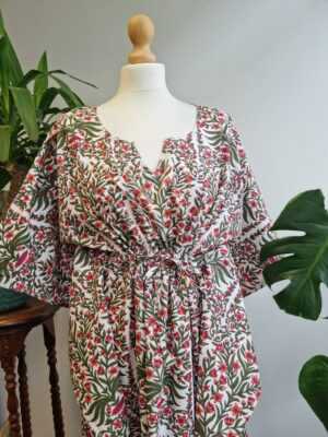 Pure Cotton Kaftan in White Green Pink - Image 5