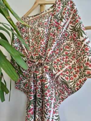 Pure Cotton Kaftan in White Green Pink - Image 6