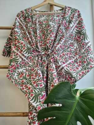Pure Cotton Kaftan in White Green Pink - Image 7