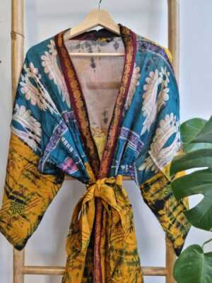 Recycled Vintage Cotton Kimono in Blue Mustard Brocade Floral - Image 2