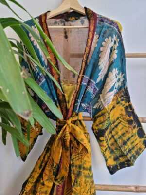 Recycled Vintage Cotton Kimono in Blue Mustard Brocade Floral - Image 3
