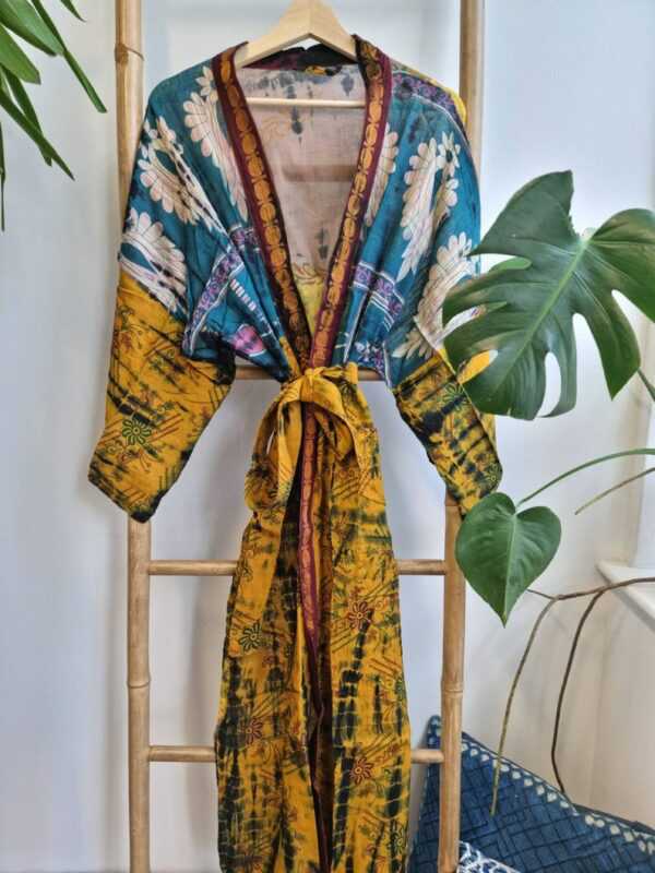 Recycled Vintage Cotton Kimono in Blue Mustard Brocade Floral