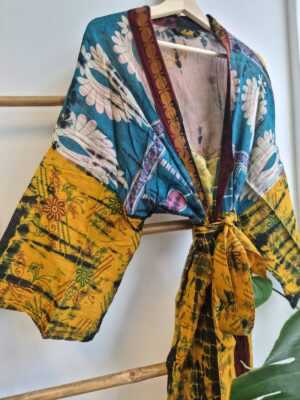 Recycled Vintage Cotton Kimono in Blue Mustard Brocade Floral - Image 4
