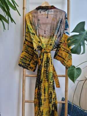 Recycled Vintage Cotton Kimono in Blue Mustard Brocade Floral - Image 5