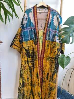 Recycled Vintage Cotton Kimono in Blue Mustard Brocade Floral - Image 6
