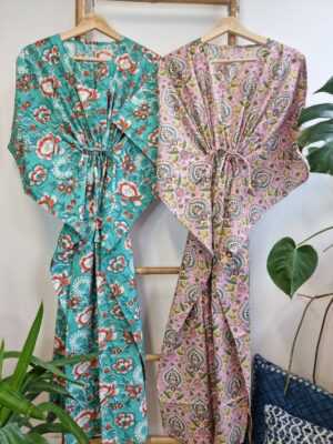 Pure Cotton Kaftan in Pastel Pink Ocean Green Orange - Image 2