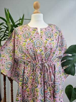 Pure Cotton Kaftan in Pastel Pink Ocean Green Orange - Image 10