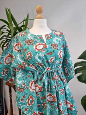 Pure Cotton Kaftan in Pastel Pink Ocean Green Orange - Image 4