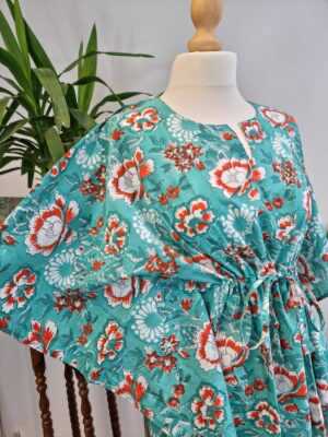 Pure Cotton Kaftan in Pastel Pink Ocean Green Orange - Image 6