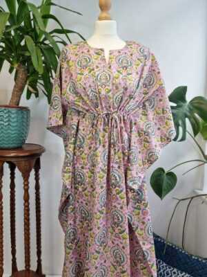 Pure Cotton Kaftan in Pastel Pink Ocean Green Orange - Image 7