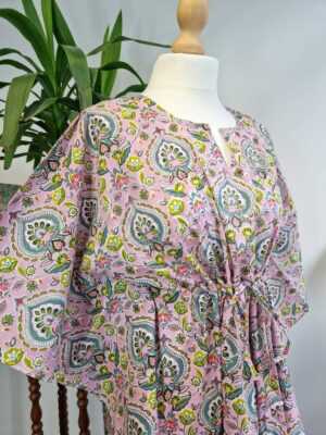 Pure Cotton Kaftan in Pastel Pink Ocean Green Orange - Image 8