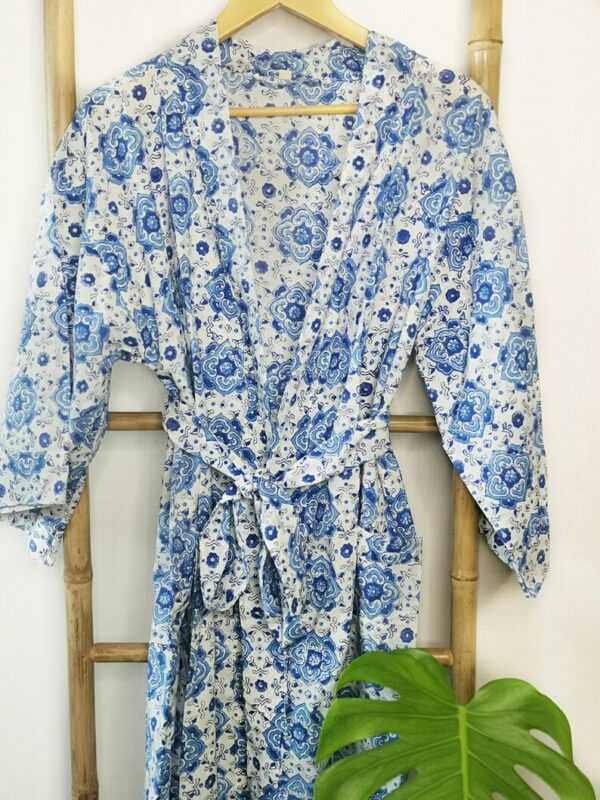 Cotton Kimono in Blue White Mandala