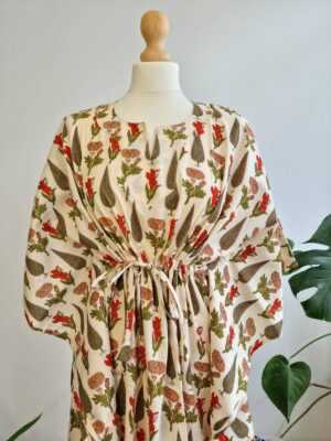 Pure Cotton Kaftan Indian Block Print Kimono in Cream Pastel Orange - Image 2