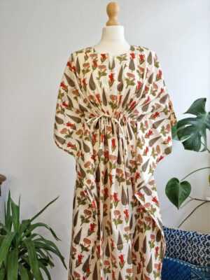 Pure Cotton Kaftan Indian Block Print Kimono in Cream Pastel Orange - Image 3