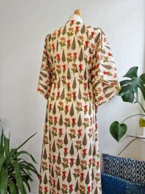 Pure Cotton Kaftan Indian Block Print Kimono in Cream Pastel Orange - Image 5