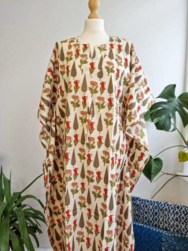 Pure Cotton Kaftan Indian Block Print Kimono in Cream Pastel Orange