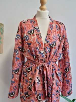Pure Cotton Handprinted Kimono Peachy Pink Tropical vibes - Image 2