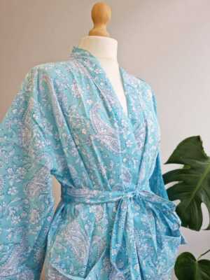 Pure Cotton Handprinted Kimono in Blue Aqua White Paisley - Image 2