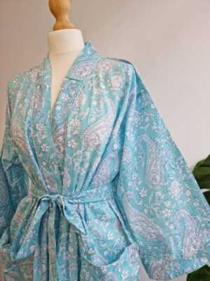 Pure Cotton Handprinted Kimono in Blue Aqua White Paisley - Image 3