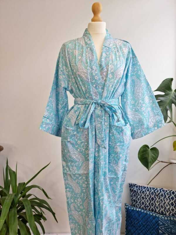 Pure Cotton Handprinted Kimono in Blue Aqua White Paisley