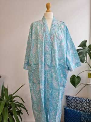 Pure Cotton Handprinted Kimono in Blue Aqua White Paisley - Image 4