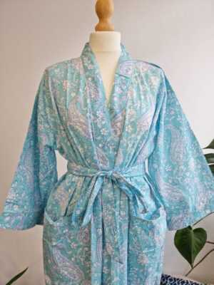 Pure Cotton Handprinted Kimono in Blue Aqua White Paisley - Image 5