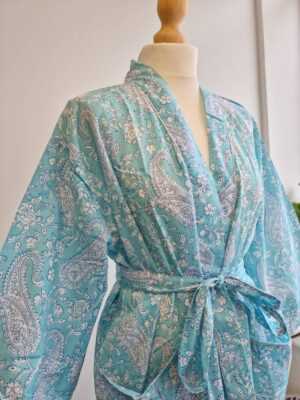 Pure Cotton Handprinted Kimono in Blue Aqua White Paisley - Image 7