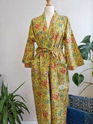 Cotton Handprinted Kimono in Exotic Yellow - Image 3