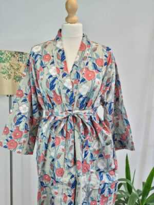 Cotton Indian Block Print Kimono in Pastel Green & Orange - Image 2
